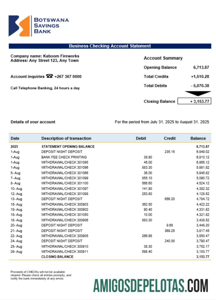 Extrato empresarial do Banco de Poupança em formato Word e PDF exemplo real
